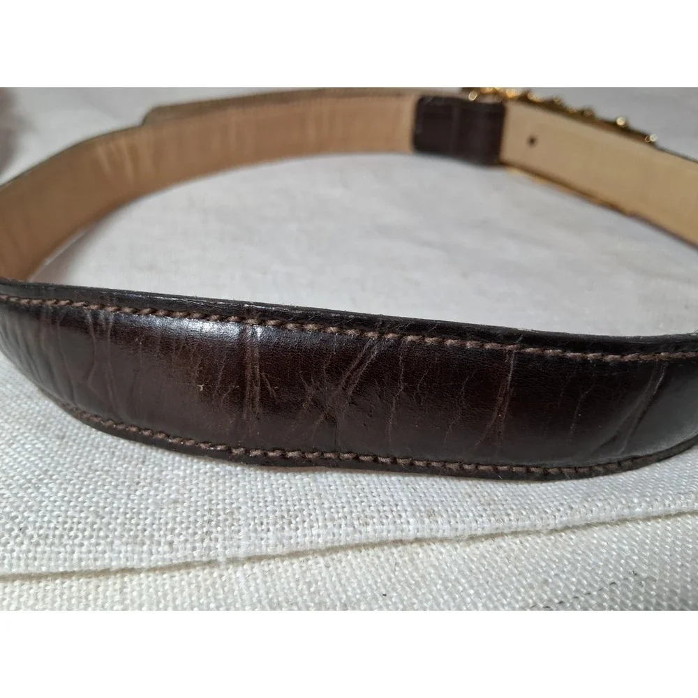 Vintage Anne Klein Calderon #8095 Medium BROWN Leather Belt 80's  Gold Front